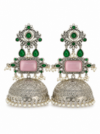 Aarvika Rajeshwari Silver Replica Royal Jhumka Earrings - Blush Pink & Emerald