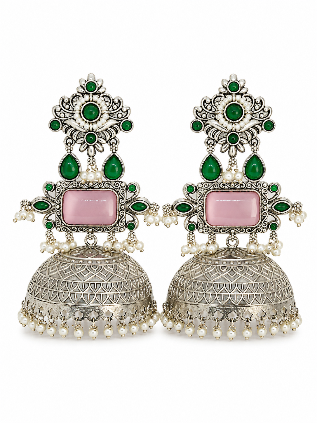 Aarvika Rajeshwari Silver Replica Royal Jhumka Earrings - Blush Pink & Emerald