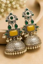 Aarvika Rajeshwari Silver Replica Royal Jhumka Earrings - Mustard Yellow & Emerald