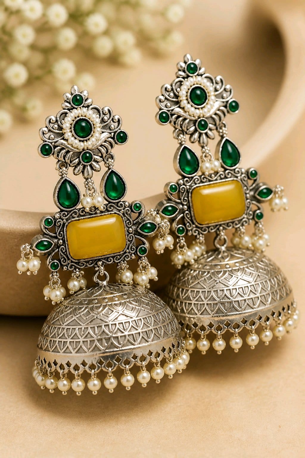 Aarvika Rajeshwari Silver Replica Royal Jhumka Earrings - Mustard Yellow & Emerald