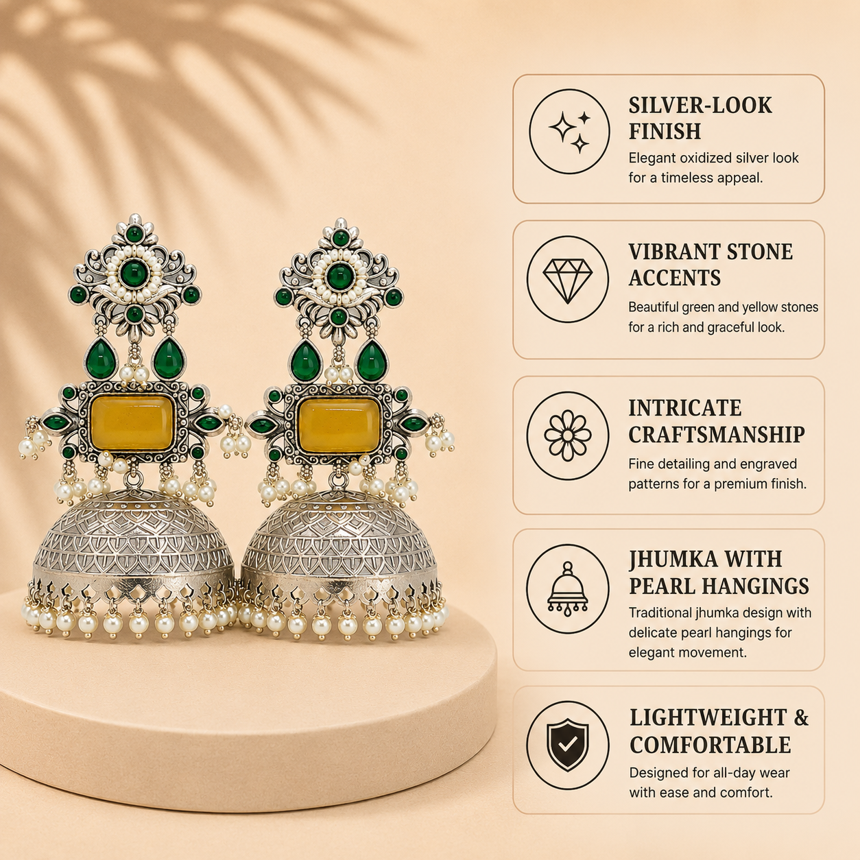 Aarvika Rajeshwari Silver Replica Royal Jhumka Earrings - Mustard Yellow & Emerald