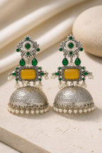 Aarvika Rajeshwari Silver Replica Royal Jhumka Earrings - Mustard Yellow & Emerald