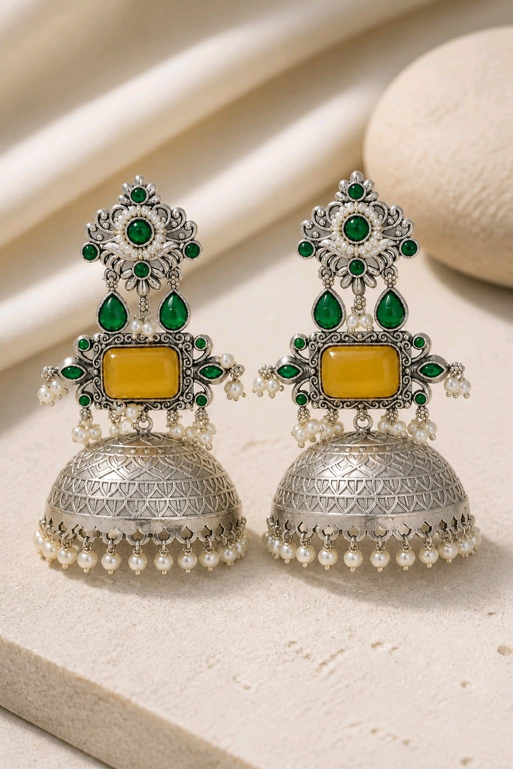 Aarvika Rajeshwari Silver Replica Royal Jhumka Earrings - Mustard Yellow & Emerald