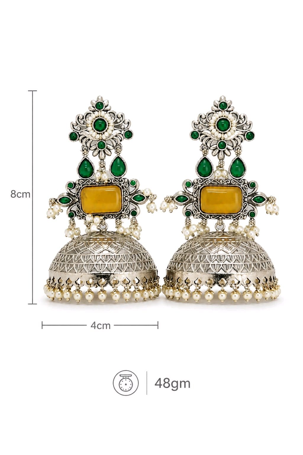 Aarvika Rajeshwari Silver Replica Royal Jhumka Earrings - Mustard Yellow & Emerald