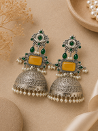 Aarvika Rajeshwari Silver Replica Royal Jhumka Earrings - Mustard Yellow & Emerald