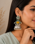 Aarvika Rajeshwari Silver Replica Royal Jhumka Earrings - Mustard Yellow & Emerald