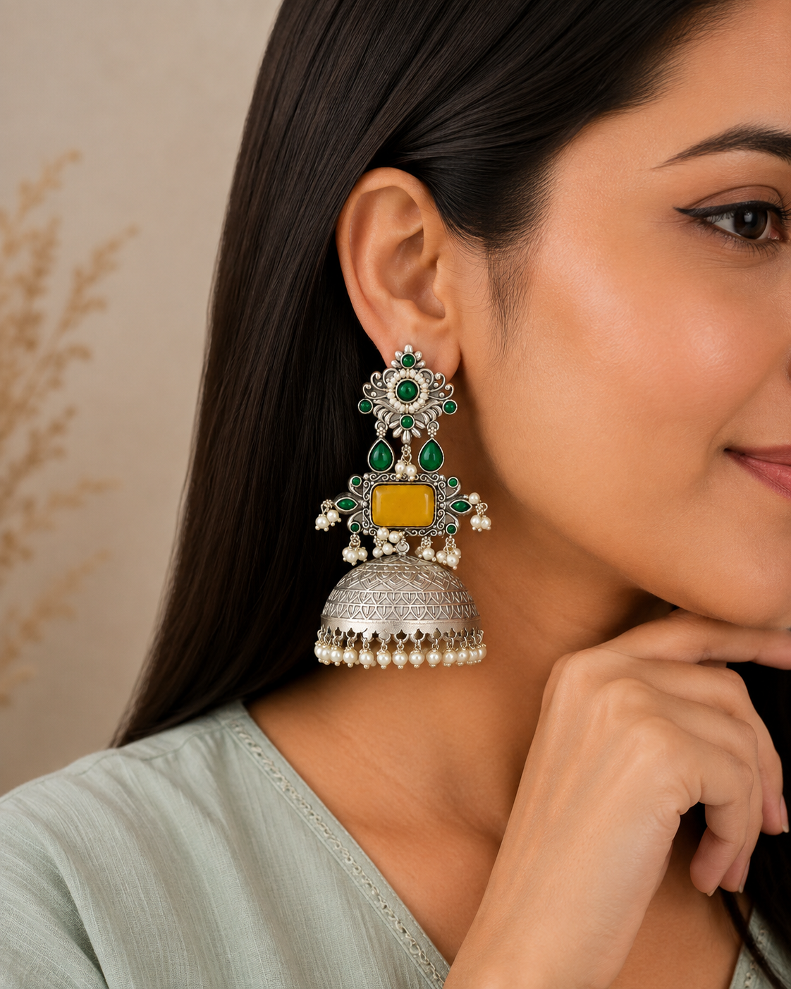 Aarvika Rajeshwari Silver Replica Royal Jhumka Earrings - Mustard Yellow & Emerald