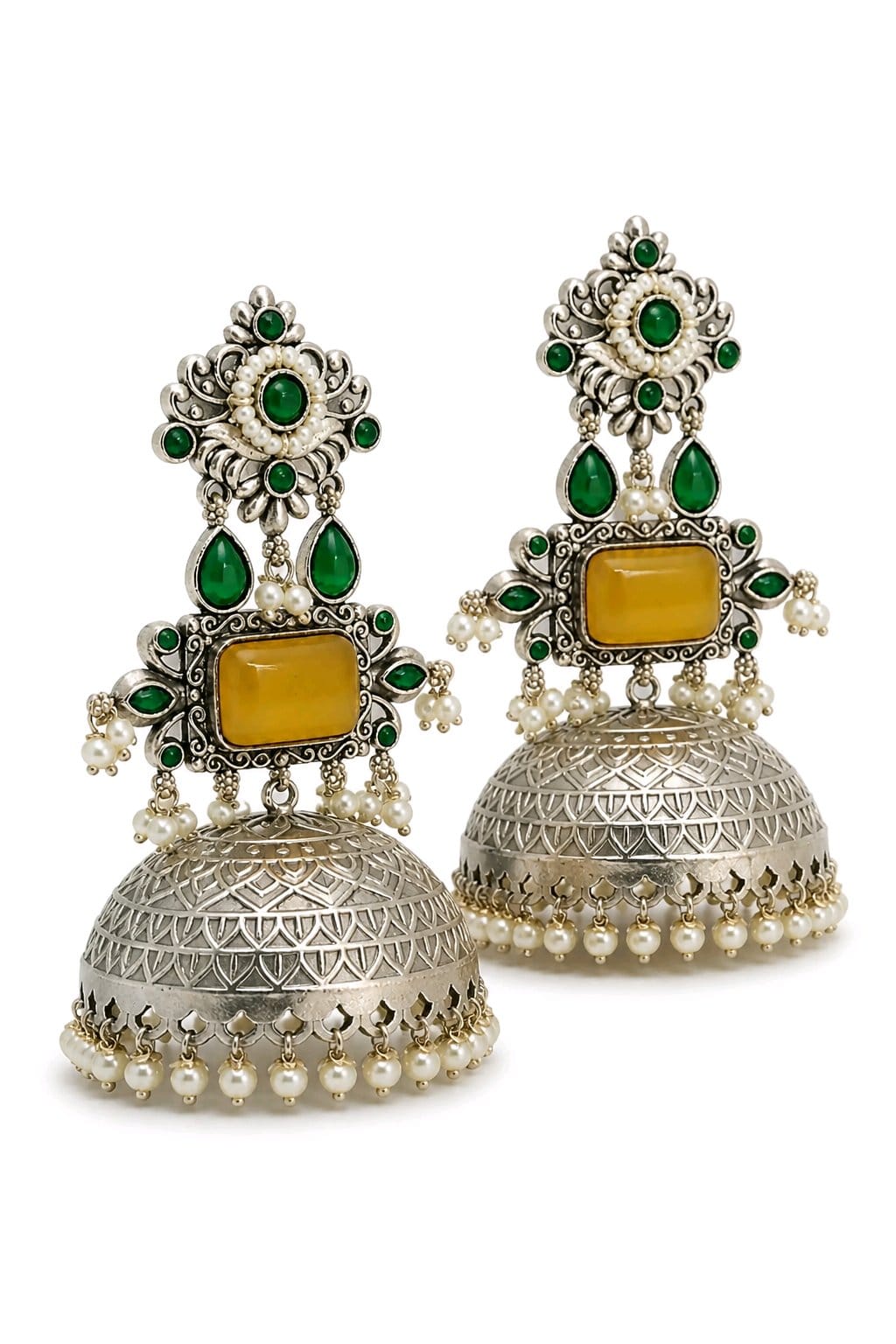 Aarvika Rajeshwari Silver Replica Royal Jhumka Earrings - Mustard Yellow & Emerald