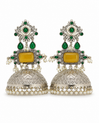 Aarvika Rajeshwari Silver Replica Royal Jhumka Earrings - Mustard Yellow & Emerald