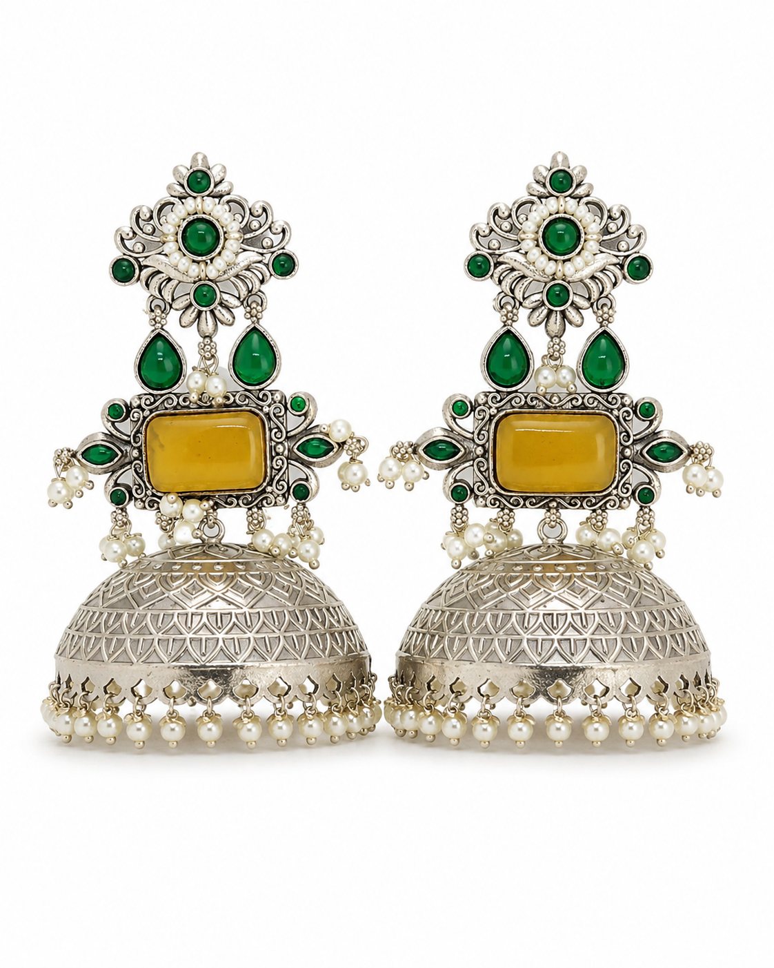 Aarvika Rajeshwari Silver Replica Royal Jhumka Earrings - Mustard Yellow & Emerald