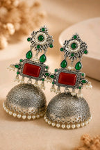 Aarvika Rajeshwari Silver Replica Royal Jhumka Earrings - Ruby & Emerald