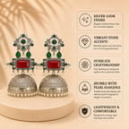 Aarvika Rajeshwari Silver Replica Royal Jhumka Earrings - Ruby & Emerald