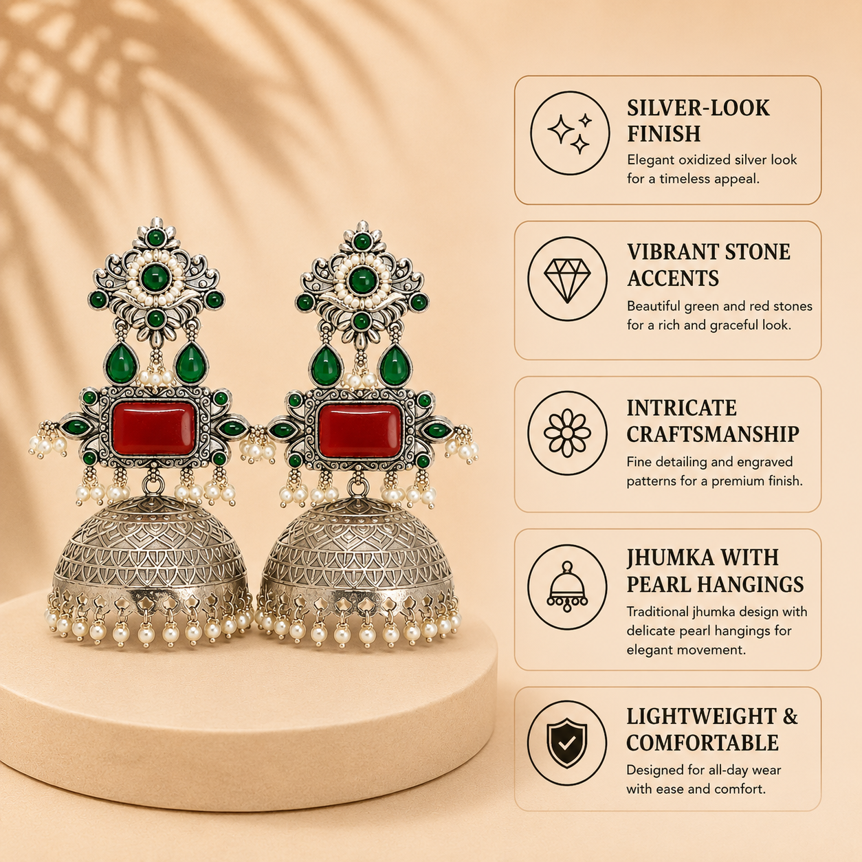 Aarvika Rajeshwari Silver Replica Royal Jhumka Earrings - Ruby & Emerald