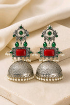 Aarvika Rajeshwari Silver Replica Royal Jhumka Earrings - Ruby & Emerald