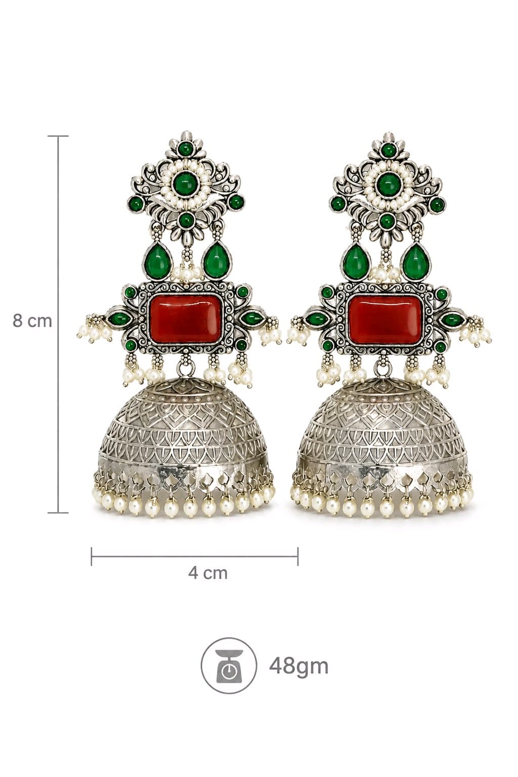 Aarvika Rajeshwari Silver Replica Royal Jhumka Earrings - Ruby & Emerald
