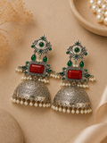 Aarvika Rajeshwari Silver Replica Royal Jhumka Earrings - Ruby & Emerald