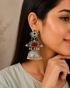 Aarvika Rajeshwari Silver Replica Royal Jhumka Earrings - Ruby & Emerald