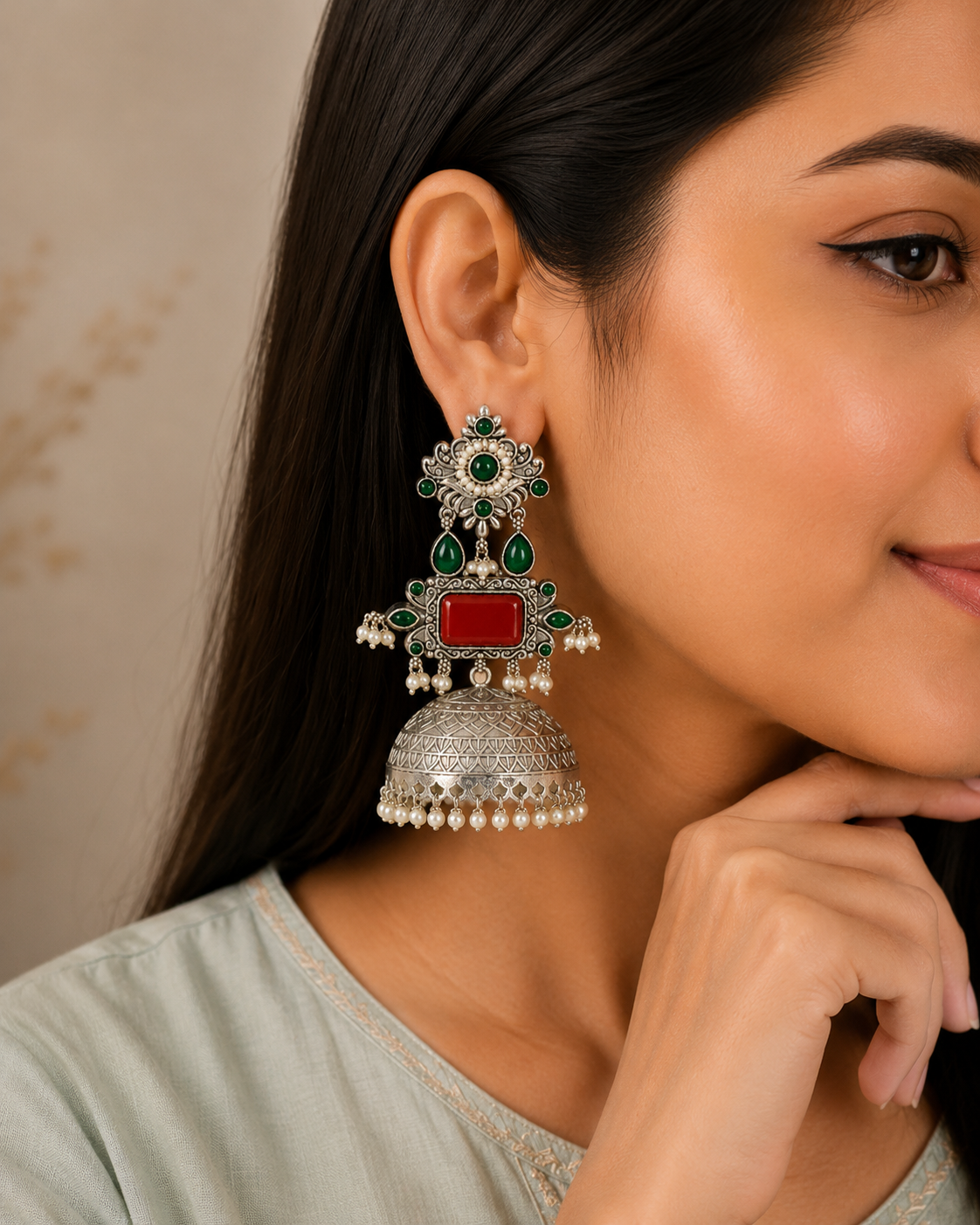 Aarvika Rajeshwari Silver Replica Royal Jhumka Earrings - Ruby & Emerald