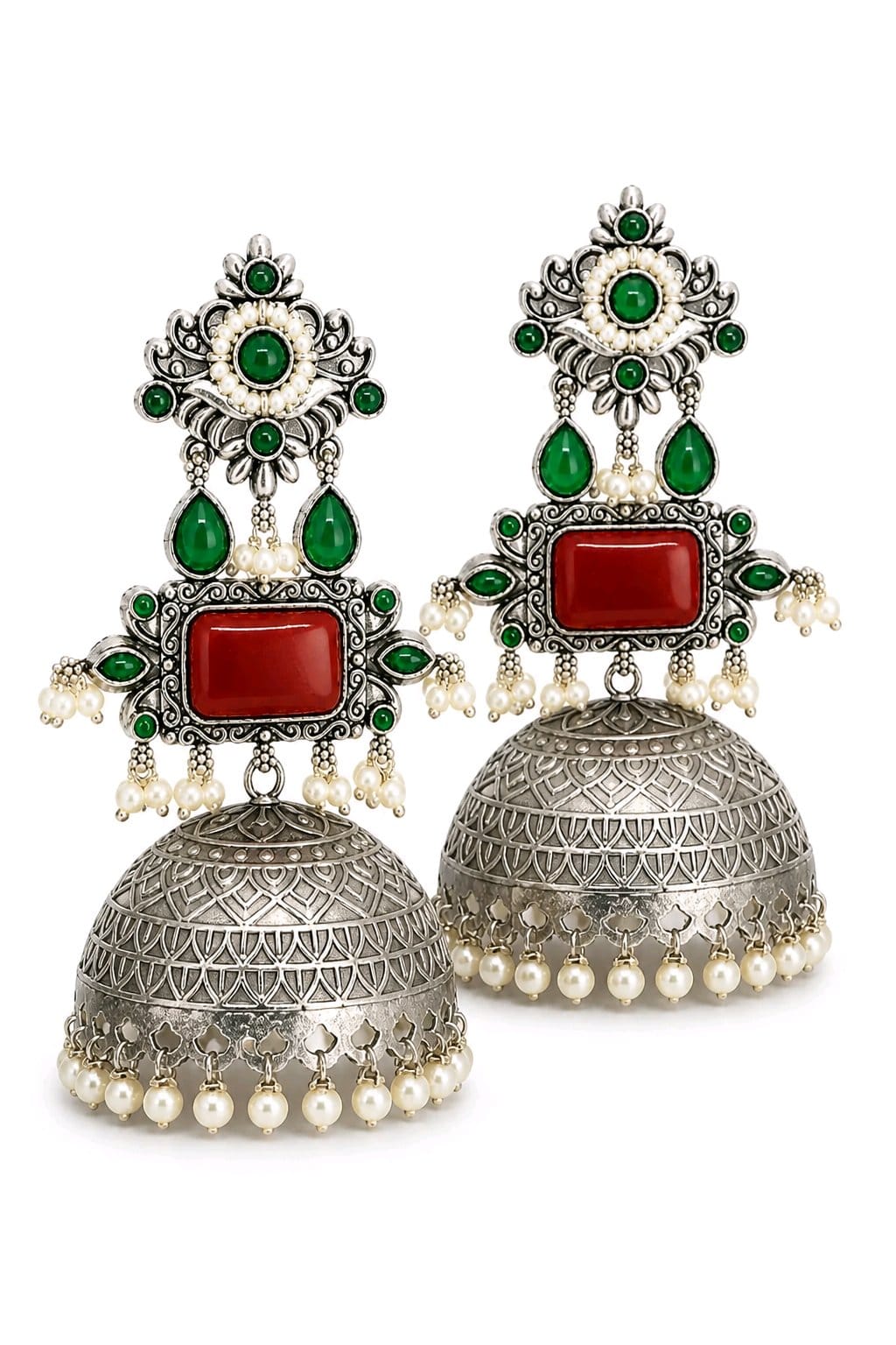 Aarvika Rajeshwari Silver Replica Royal Jhumka Earrings - Ruby & Emerald
