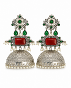 Aarvika Rajeshwari Silver Replica Royal Jhumka Earrings - Ruby & Emerald