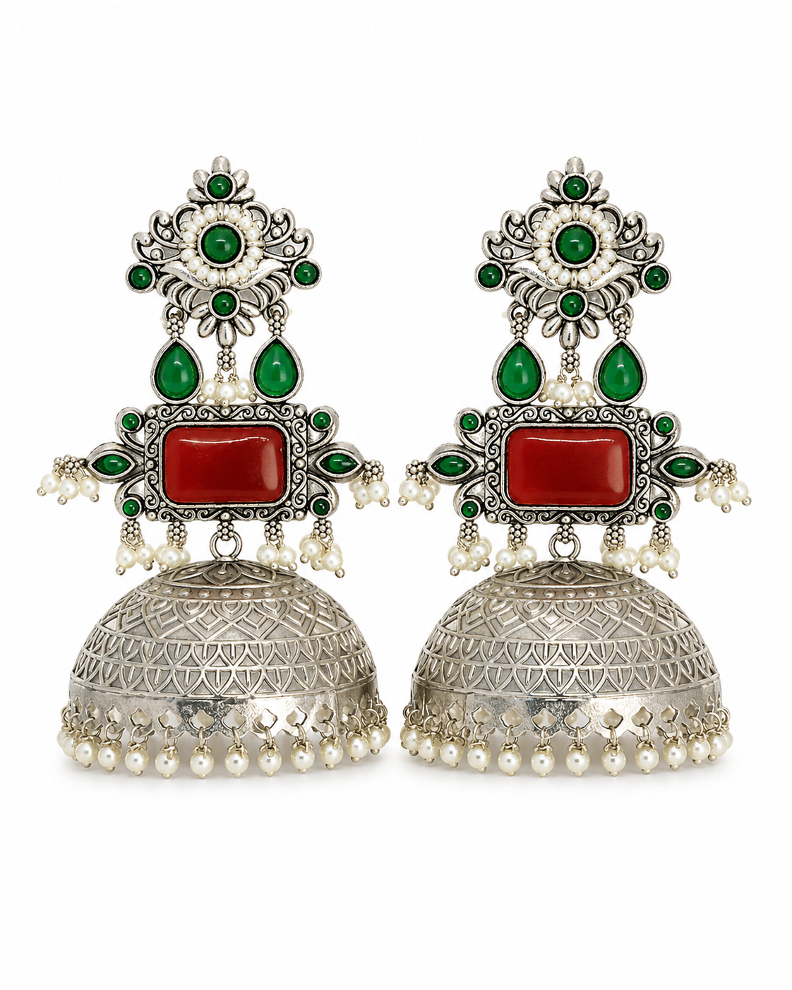 Aarvika Rajeshwari Silver Replica Royal Jhumka Earrings - Ruby & Emerald