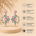 Aarvika Kusum Silver Replica Floral Dangler Earrings - Blush Pink & Aqua