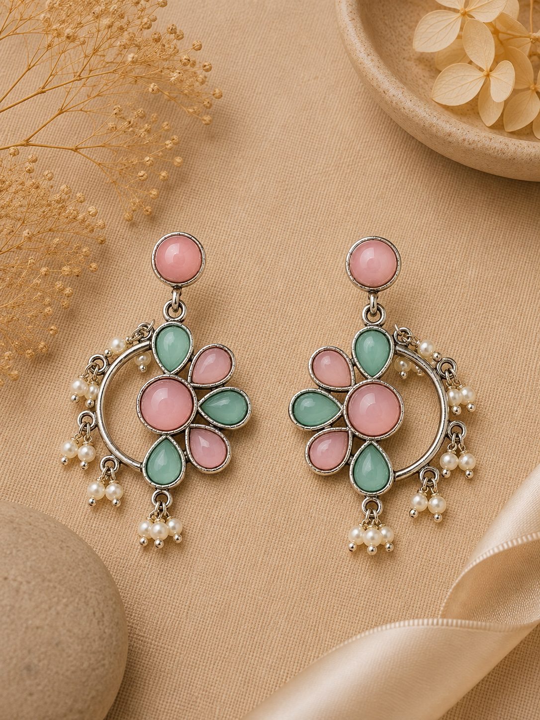 Aarvika Kusum Silver Replica Floral Dangler Earrings - Blush Pink & Aqua