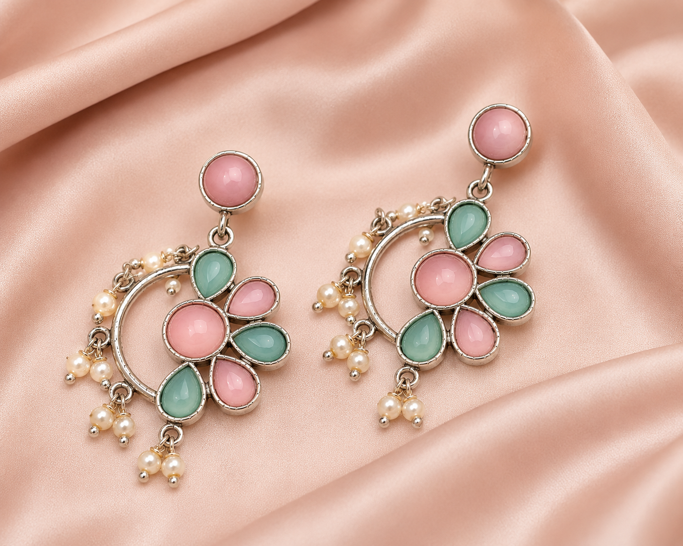 Aarvika Kusum Silver Replica Floral Dangler Earrings - Blush Pink & Aqua