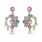Aarvika Kusum Silver Replica Floral Dangler Earrings - Blush Pink & Aqua