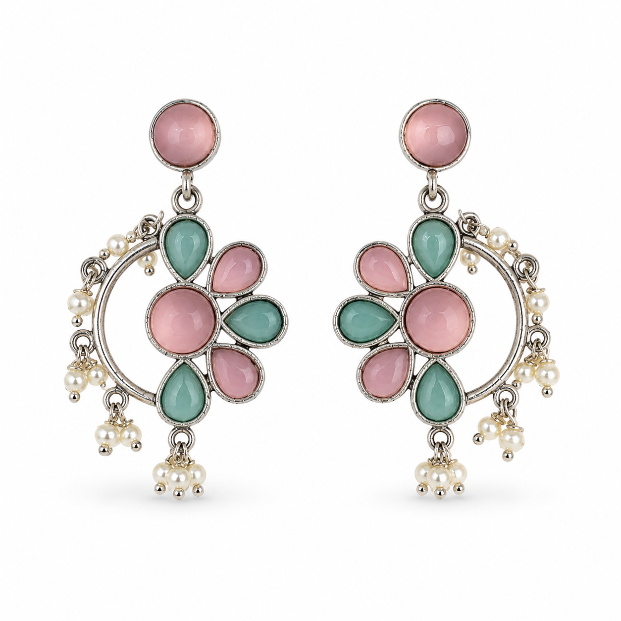 Aarvika Kusum Silver Replica Floral Dangler Earrings - Blush Pink & Aqua