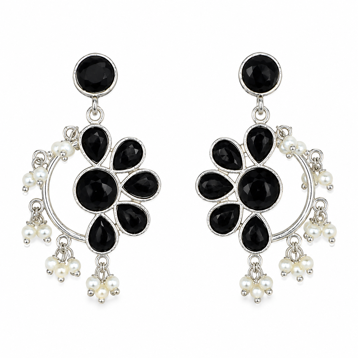 Aarvika Kusum Silver Replica Floral Dangler Earrings - Onyx Black