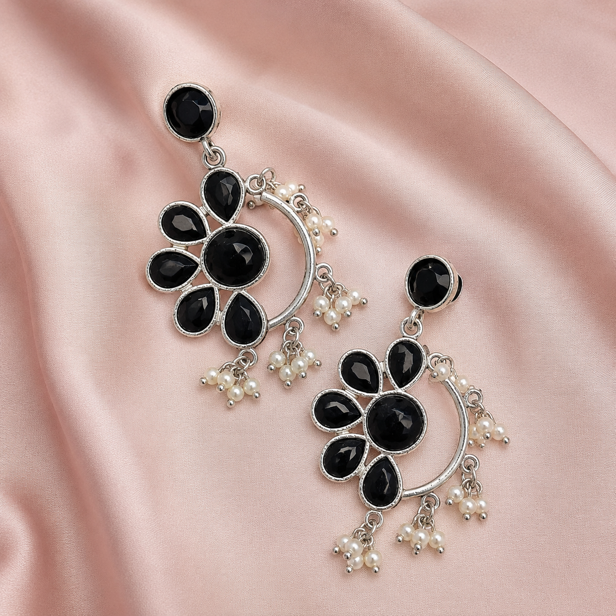 Aarvika Kusum Silver Replica Floral Dangler Earrings - Onyx Black