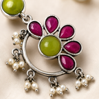 Aarvika Kusum Silver Replica Floral Dangler Earrings - Fuchsia Pink & Lime Green