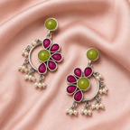 Aarvika Kusum Silver Replica Floral Dangler Earrings - Fuchsia Pink & Lime Green
