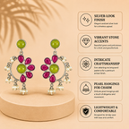 Aarvika Kusum Silver Replica Floral Dangler Earrings - Fuchsia Pink & Lime Green