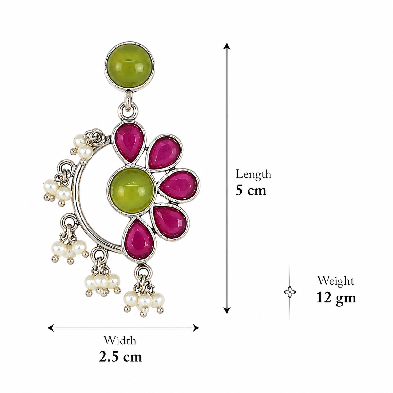 Aarvika Kusum Silver Replica Floral Dangler Earrings - Fuchsia Pink & Lime Green