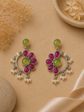 Aarvika Kusum Silver Replica Floral Dangler Earrings - Fuchsia Pink & Lime Green
