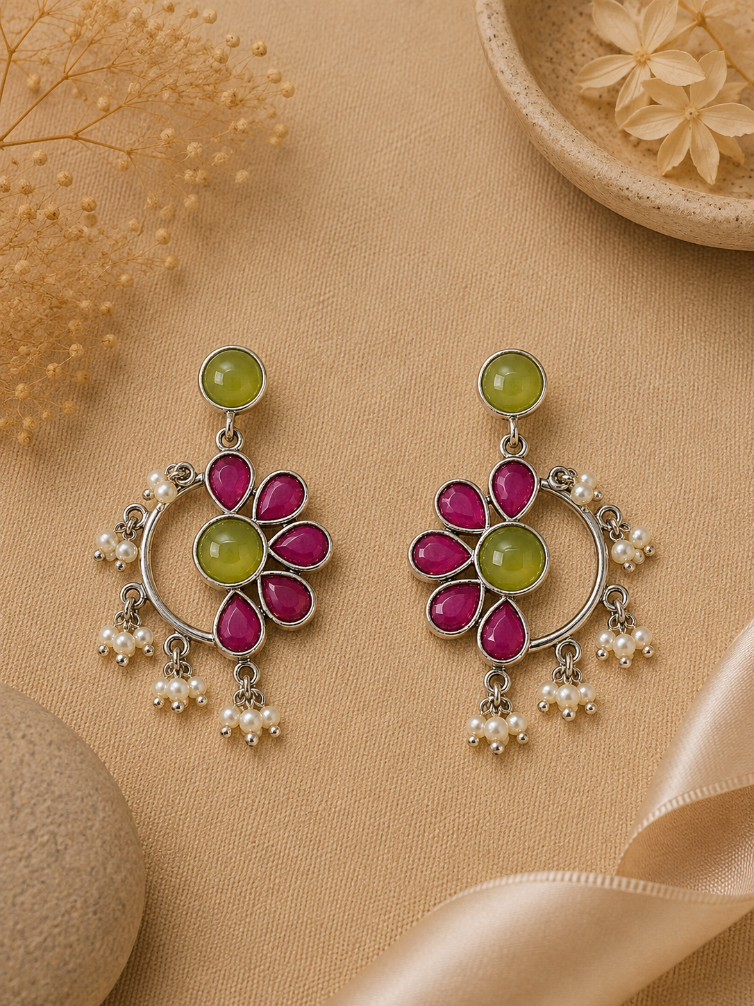 Aarvika Kusum Silver Replica Floral Dangler Earrings - Fuchsia Pink & Lime Green