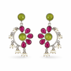 Aarvika Kusum Silver Replica Floral Dangler Earrings - Fuchsia Pink & Lime Green