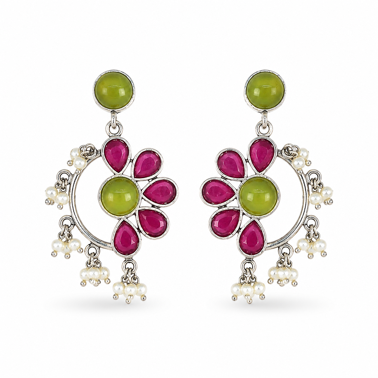 Aarvika Kusum Silver Replica Floral Dangler Earrings - Fuchsia Pink & Lime Green