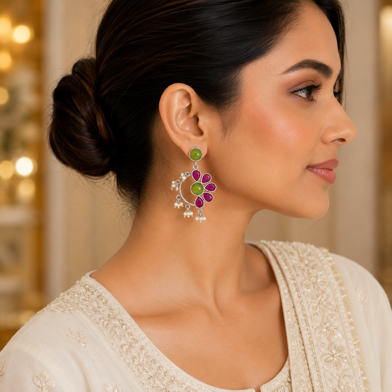 Aarvika Kusum Silver Replica Floral Dangler Earrings - Fuchsia Pink & Lime Green