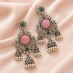 Aarvika Vamika Silver Replica Floral Statement Jhumka Earrings - Blush Pink & Emerald