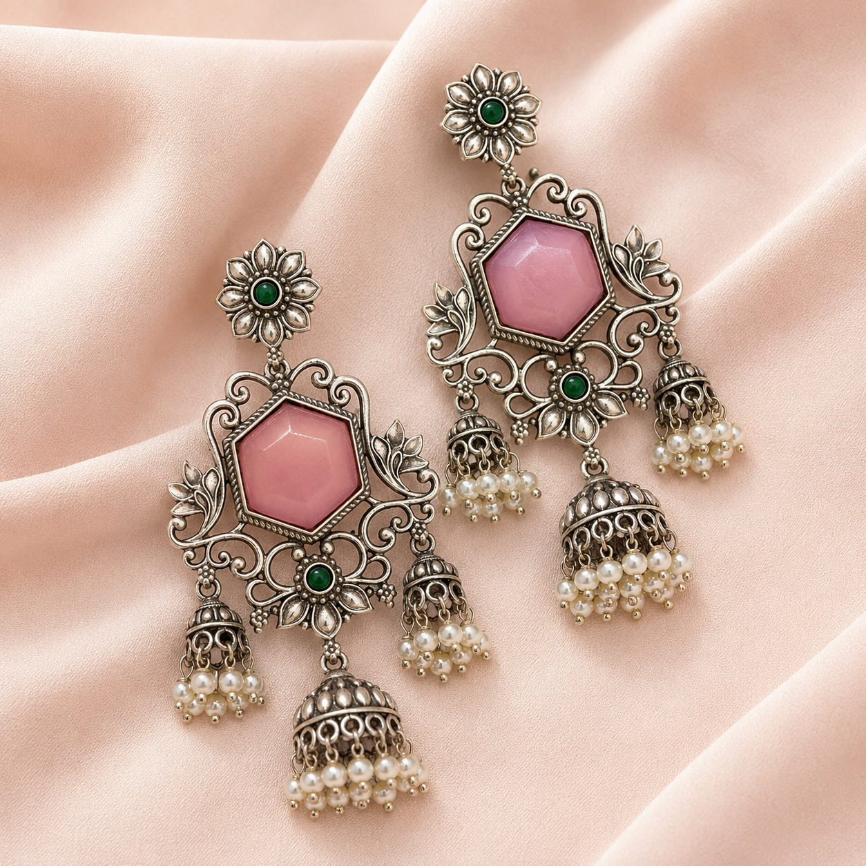 Aarvika Vamika Silver Replica Floral Statement Jhumka Earrings - Blush Pink & Emerald