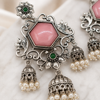 Aarvika Vamika Silver Replica Floral Statement Jhumka Earrings - Blush Pink & Emerald
