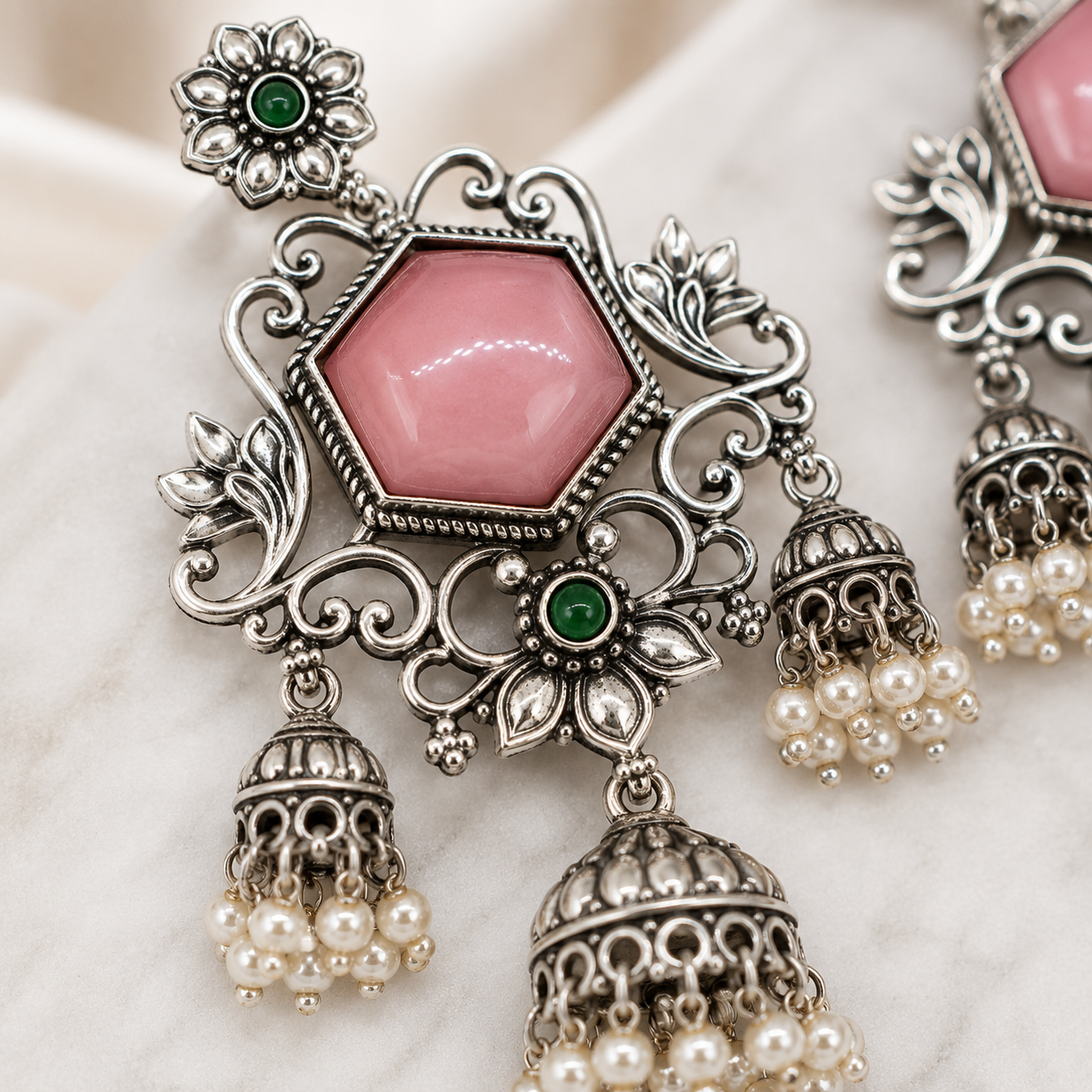 Aarvika Vamika Silver Replica Floral Statement Jhumka Earrings - Blush Pink & Emerald