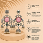 Aarvika Vamika Silver Replica Floral Statement Jhumka Earrings - Blush Pink & Emerald