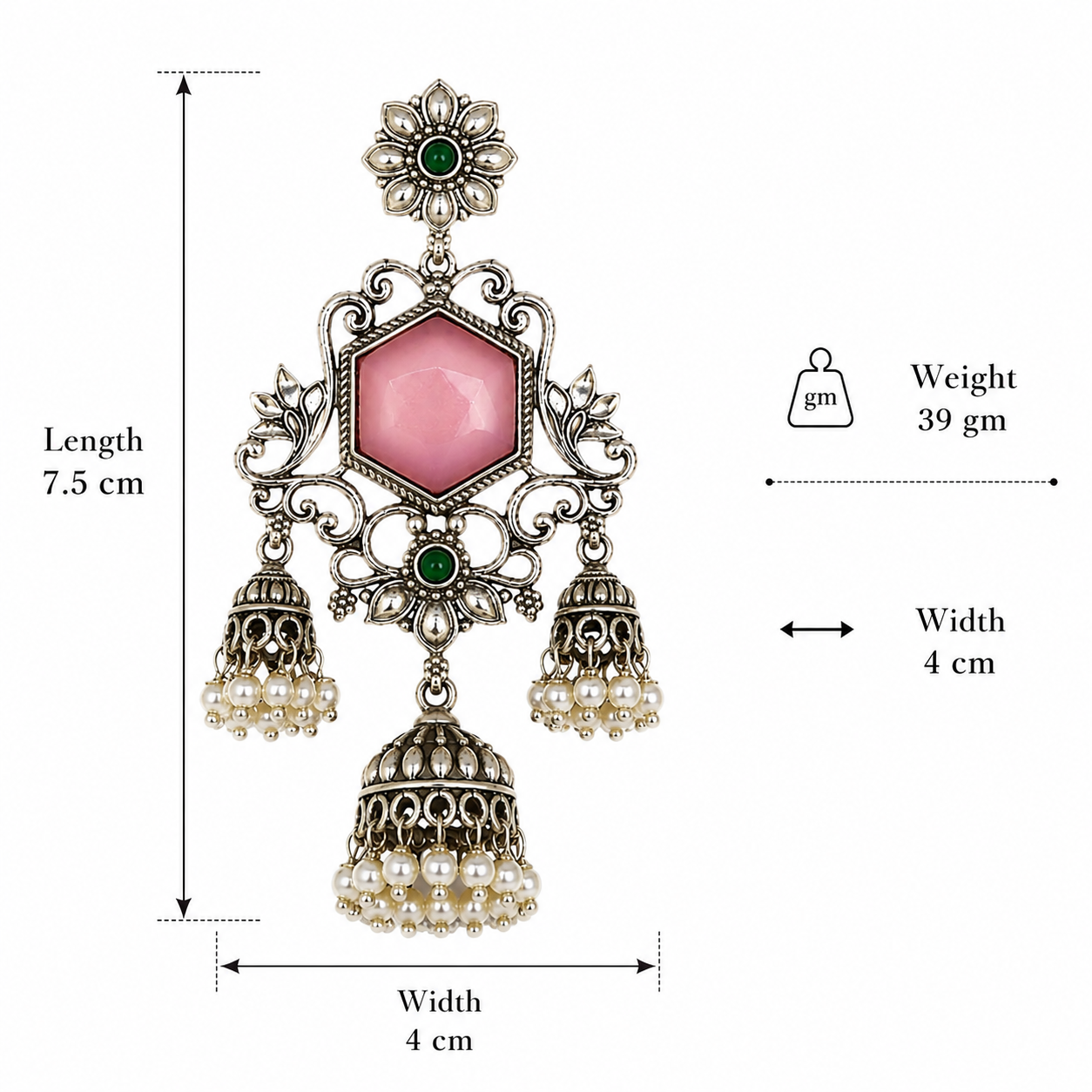 Aarvika Vamika Silver Replica Floral Statement Jhumka Earrings - Blush Pink & Emerald
