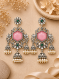 Aarvika Vamika Silver Replica Floral Statement Jhumka Earrings - Blush Pink & Emerald