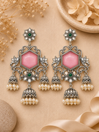 Aarvika Vamika Silver Replica Floral Statement Jhumka Earrings - Blush Pink & Emerald