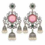 Aarvika Vamika Silver Replica Floral Statement Jhumka Earrings - Blush Pink & Emerald